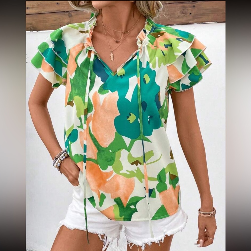 Boho Floral Print Ruffle Flutter Sleeve Top Blouse Shirt Black - Picture 4 of 4